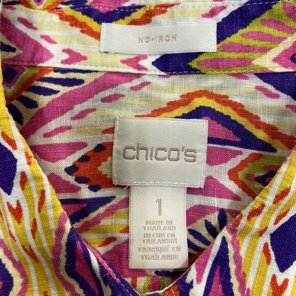 Chico's 100% Linen No-Iron Southwest Pattern Button Up Shirt Sz 8-10 (Chicos 1) - Picture 3 of 6